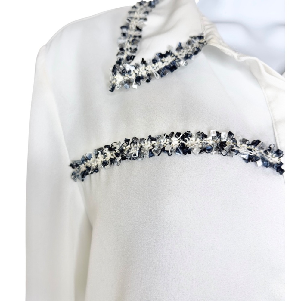 ZARA Women's Ivory Sheer Blouse Tweed Trim Long Sleeve Office Chic Classic S - Picture 7 of 15